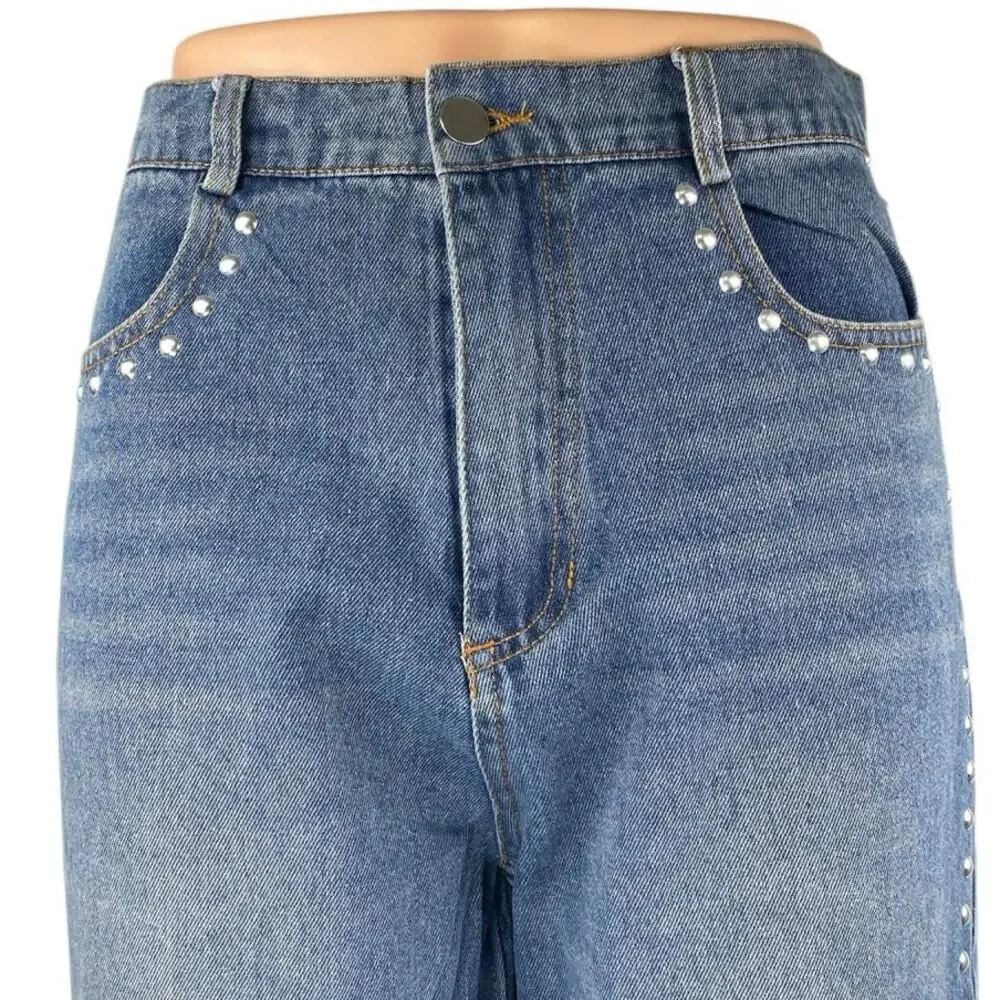 Women's Blue Studded Medium Wash High Waist Flared Bootcut Denim Jeans Pants 28